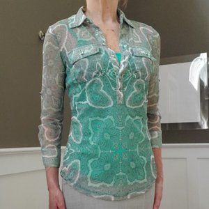 INC Green/Gray Paisley Sheer Blouse with Green Cami Size XS